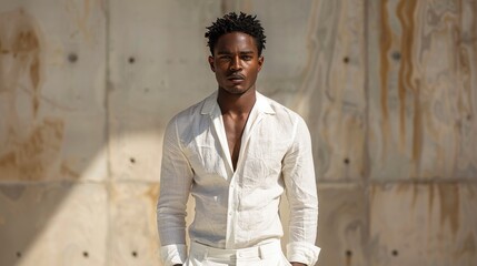 Obraz premium A man wearing a stylish white outfit poses confidently against a concrete backdrop, exuding a modern and minimalist vibe with his composed expression and strong posture.