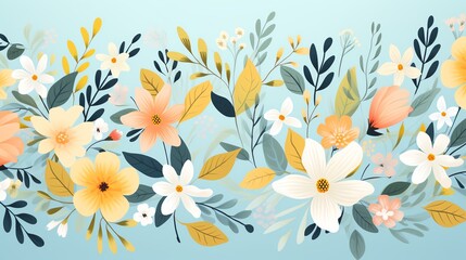 Floral border with yellow and white flowers on a blue background.