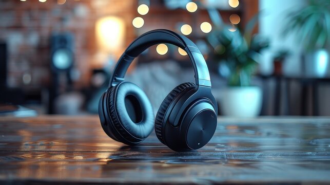 Black over-ear headphones placed on a wooden table with decorative bokeh lights in the background, giving a warm and inviting ambiance, perfect for audiophiles.