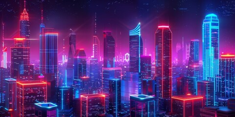 Fototapeta premium View of a large modern city with skyscrapers in neon style