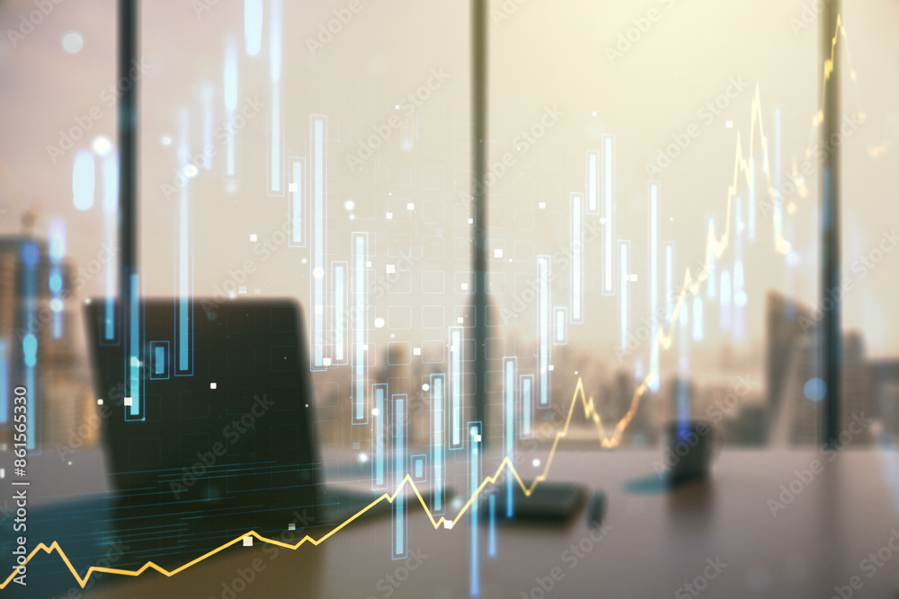Poster abstract creative financial graph and modern desktop with computer on background, forex and investme