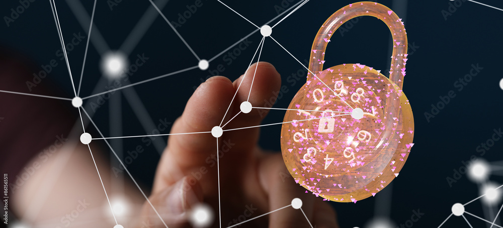 Poster Information technology protected with firewall, secure access and encryption against cyber