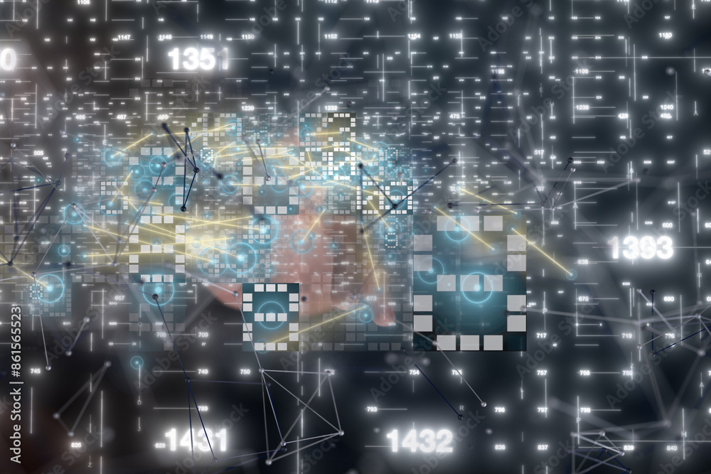 Poster Neural network 3D illustration. Big data and cybersecurity
