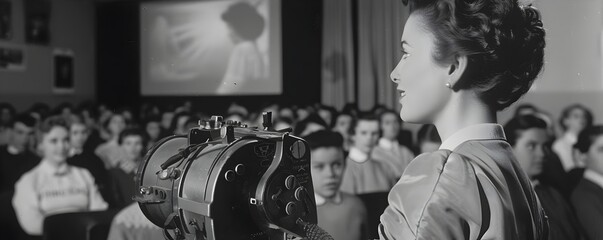 Vintage Teacher Presenting Filmstrip in 1950s Educational Media Setting