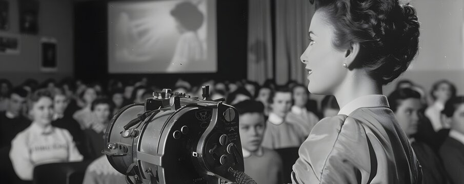 Vintage Teacher Presenting Filmstrip in 1950s Educational Media Setting