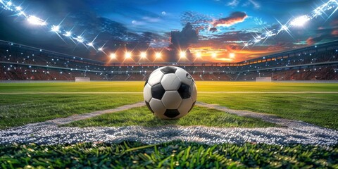 Naklejka premium A full football stadium at night with lighting, a soccer ball close to the image and centered on the field