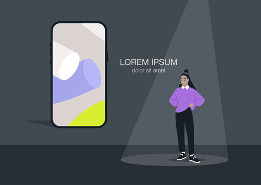 A character stands confidently under a spotlight, presenting a new technological product on stage, an annual big brand event, a startup tech press conference