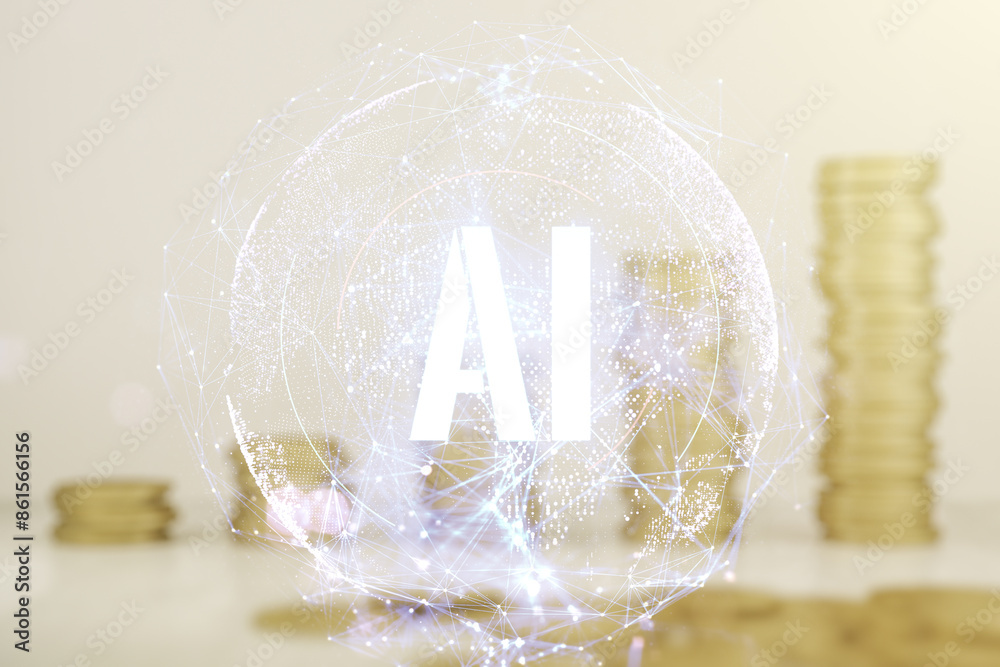 Poster creative artificial intelligence symbol hologram on coins background. double exposure