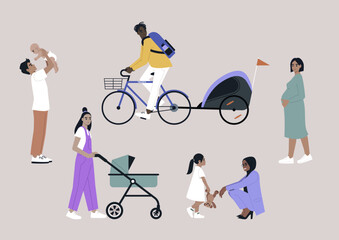 Parents seen in everyday activities, biking with a child trailer, holding a baby, pushing a stroller, spending time with a kid