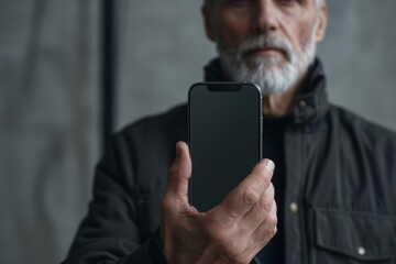 App demo near shoulder of a mature man holding an smartphone with an entirely grey screen