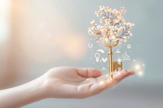 Hand holding a golden key with a blossoming tree symbolizing growth, success, and opportunity against a dreamy, soft background.