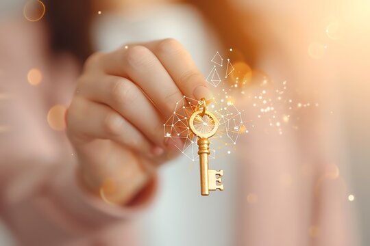 Hand holding a golden key with magical sparkles, symbolizing new opportunities, success, and the key to unlock dreams or potential.