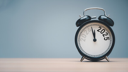 2024 and 2025 on black alarm clock on wooden table with copy space  for preparation of Merry...