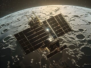 Exquisitely Detailed CubeSat Satellite Orbiting the Lunar Surface with Unfurled Solar Arrays and Visible Sensors