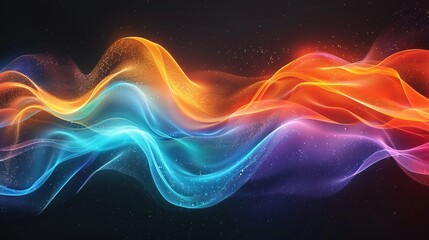 Obraz premium Vibrant rainbow, orange blue teal white psychedelic gradient color wave on black background, music cover dance party poster design