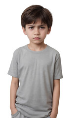 Young boy with angry or dissatisfied face standing, isolated, transparent background, no background. PNG.