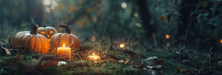 Halloween Pumpkin Head with Carved Scary Smiling Face at Night Outside. Jack-O-Lantern, Burning Candles Outdoor. Halloween Dark Composition Backyard Decor. Pumpkins Black Background. All Saints Day