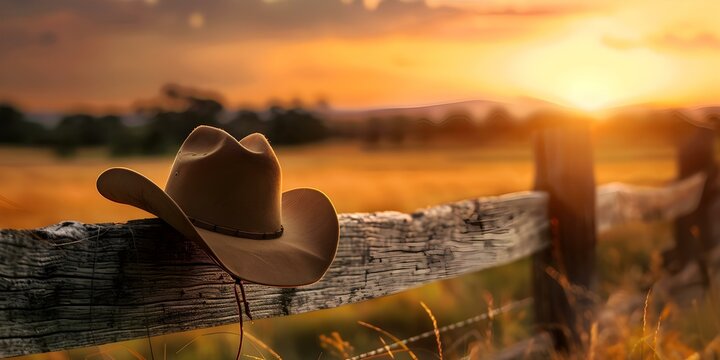 Cowboy hat resting on wooden fence at sunset symbolizing Wild West heritage. Concept Western Heritage, Cowboy Culture, Sunset Colors, Wooden Fence, Cowboy Hat