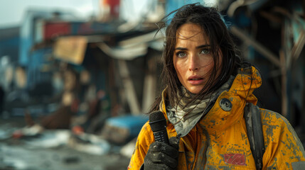 Obraz premium A female reporter in a bright jacket with a microphone in an area affected by an earthquake, fire, war. A young journalist talks about this. Interview concept.