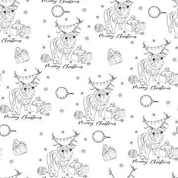  Seamless pattern with cute hand drawn pugs and geometric. Vector dog illustration new year pattern. Champagne, winter gloves, New Year's toys, ears, gift, New Year's bell for printing