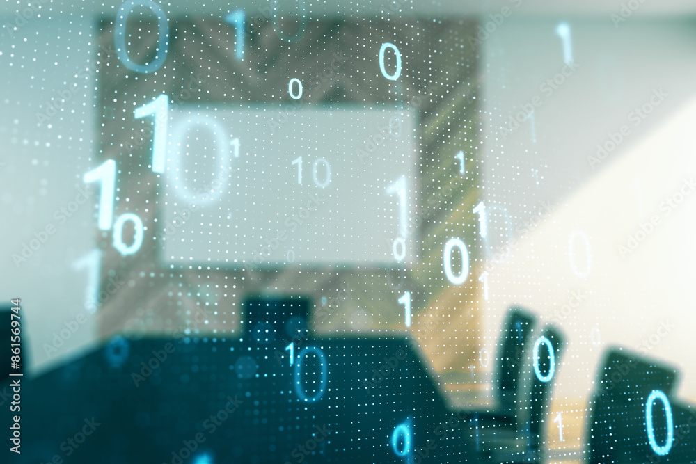 Fototapete double exposure of abstract virtual binary code hologram on a modern meeting room background. databa