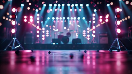 Concert Promotion Glowing concert stage with softly lit promotional banners and tickets