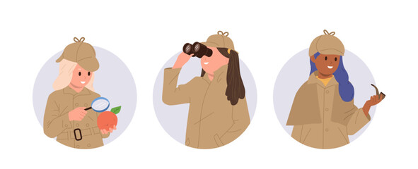 Set of round avatar composition with happy smart detectives girls children cartoon character