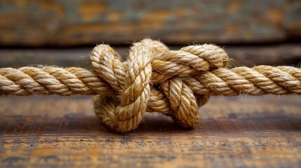 A close-up view of a tightly tied rope knot on an aged wooden surface, showcasing the strength and skill involved in knot tying, symbolizing connection and resilience.