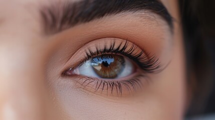 Fototapeta premium A close-up of a young woman's eye, showcasing long and lush eyelash extensions