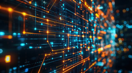 A complex network diagram displayed on a digital screen, with nodes and connections glowing