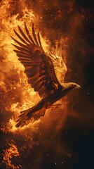 Majestic Fiery Bird Soaring Through Dramatic Celestial Landscape of Flames and Power