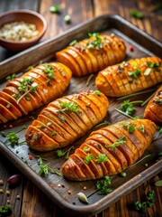 Baked Hasselback potatoes seasoned with herbs and spices, served as a savory side dish, perfect for the DASH diet.