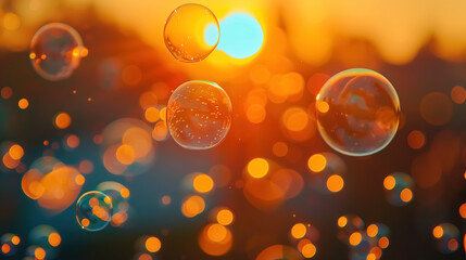 Soap bubbles floating in the air with a beautiful sunset in the background