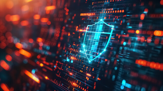 A futuristic digital shield icon on a glowing computer screen