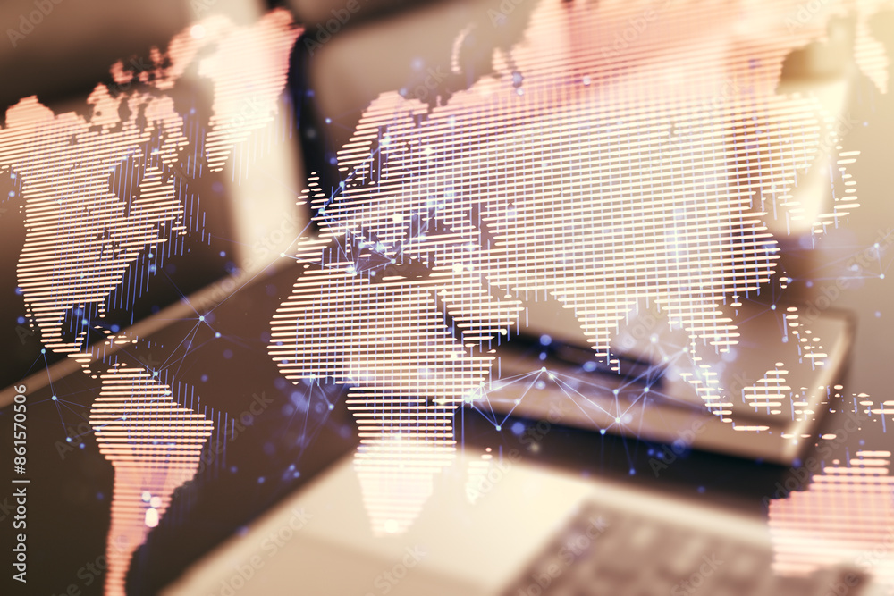 Aufkleber double exposure of abstract digital world map on computer background, big data and blockchain concep