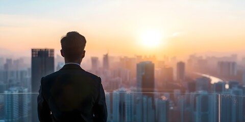 Man in suit admires city skyline at sunset from high building. Concept Urban Exploration, Cityscape Photography, Golden Hour, Business Lifestyle, Skyline Views