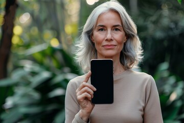 Application mockupover the shoulder shot of a mature woman holding an smartphone with an entirely black screen