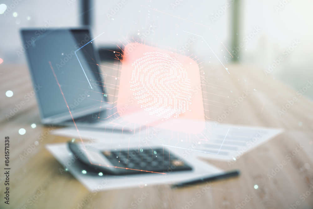 Poster multi exposure of virtual fingerprint scan interface on calculator and pc background, digital access