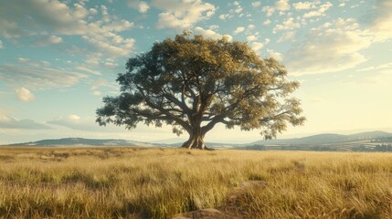 Obraz premium Majestic tree towering above the field, symbolizing strength and resilience in a vast open landscape.