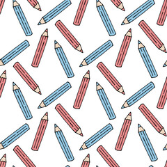 Seamless pattern with pink and blue pencils on white background. Vector image.