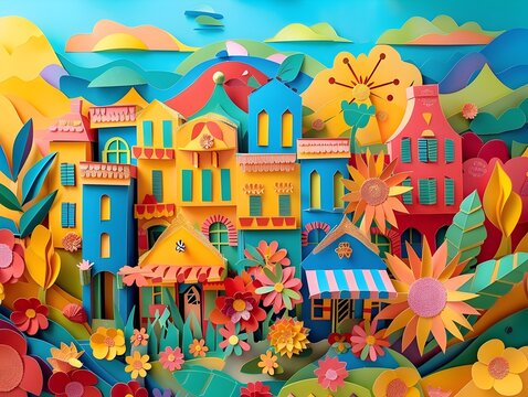 Vibrant Paper Cut Festival Design with Layered Shapes and Radiant Kaleidoscopic Patterns