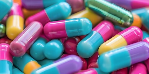 Pharmaceutical Capsules Forming a Colorful Close-Up Artwork. Concept Pharmaceutical Industry, Capsule Artwork, Close-Up Photography, Colorful Medication, Pharmaceutical Art