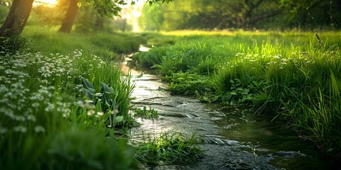 Serenity in a lush landscape with a gentle stream and vibrant green pastures. Concept Nature Photography, Peaceful Waterfalls, Scenic Meadows, Tranquil Landscapes