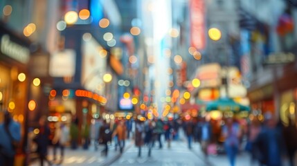 Fototapeta premium Blurred background of a bustling downtown street with shops, cafes, and pedestrians Urban life Capturing the vibrant and busy scene of a city street