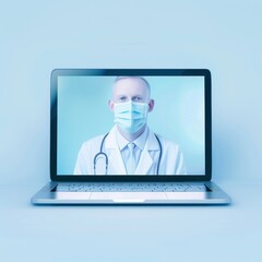 Virtual healthcare consultation concept, showing a doctor on a laptop screen. Emphasizing telemedicine and remote medical services.