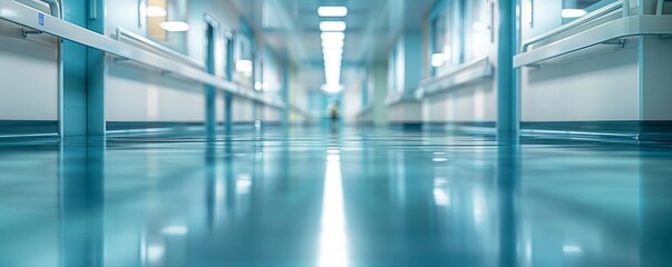 Fototapeta premium Blurred background of a hospital hallway with clean, sterile surroundings Healthcare facility Highlighting a professional and clinical healthcare space