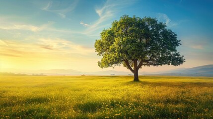 Fototapeta premium Magnificent tree standing proudly in the midst of a spacious field, a striking image of serenity and solitude