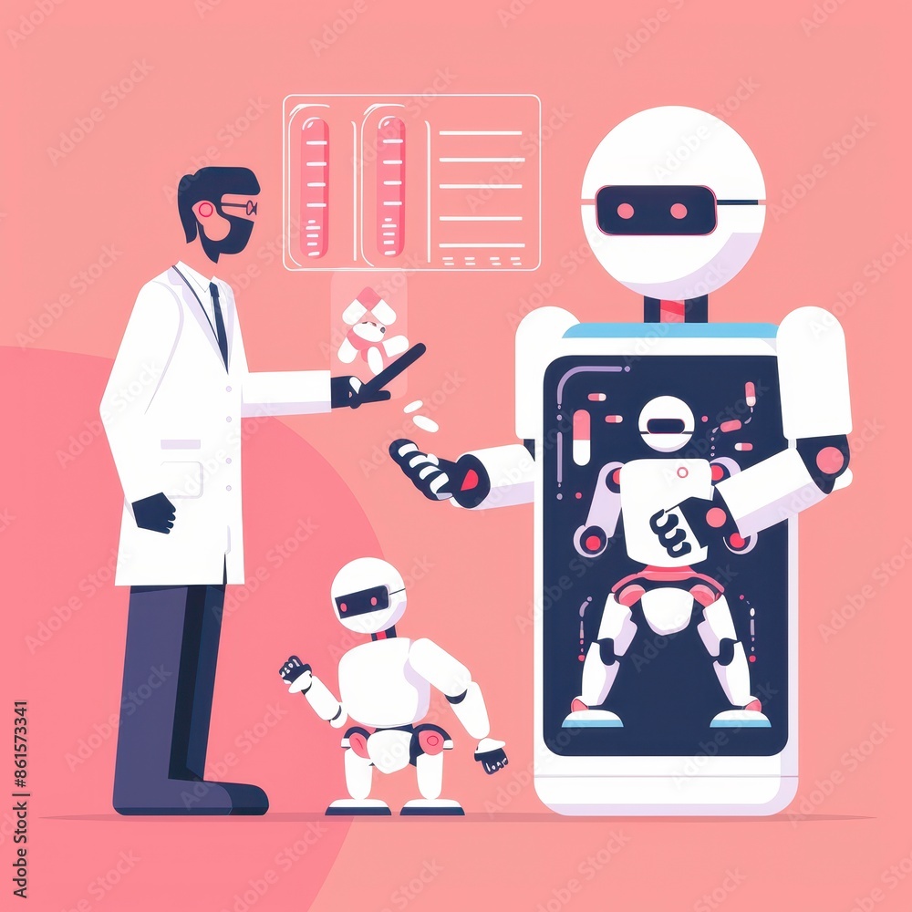 Aufkleber Illustration of a scientist interacting with various robots, showcasing technology and AI advancements in robotics and artificial intelligence.
