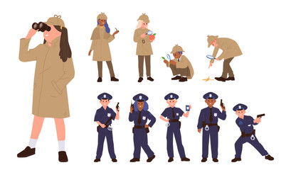 Fototapeta premium Children detectives and police officers investigating crime and providing law enforcement set