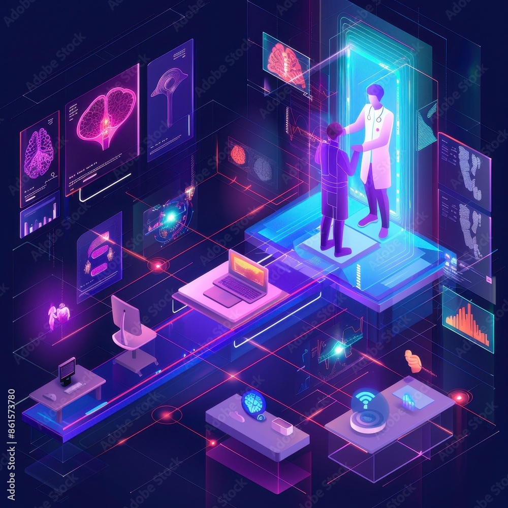 Poster futuristic medical technology concept with doctors and advanced digital health interfaces in a high-